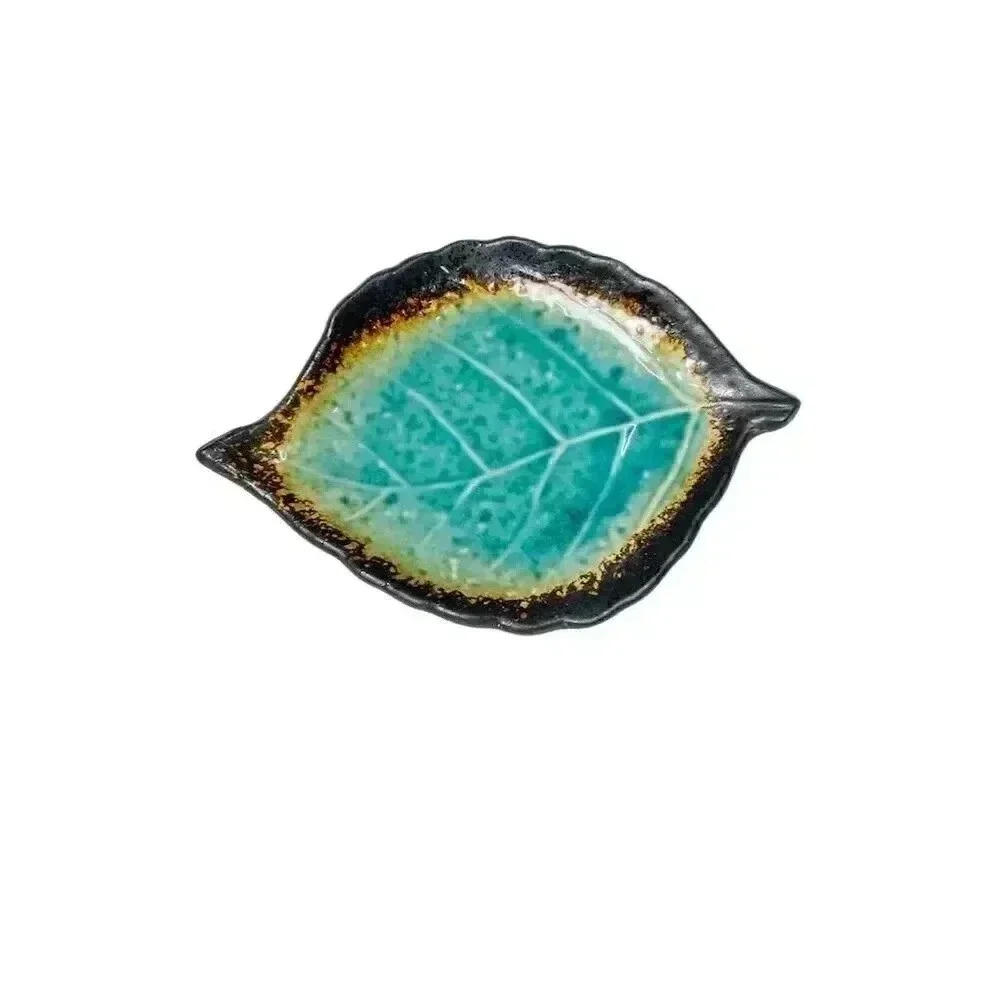 Japanese Leaf-Shaped Ceramic Decorative Plate Multicolor 8" Glossy